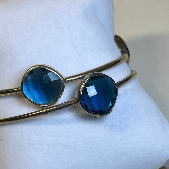 Julie Vos Gold Bangles Set of 3 Blue Stone Stackable Bracelets Boho Layered - Picture 5 of 11